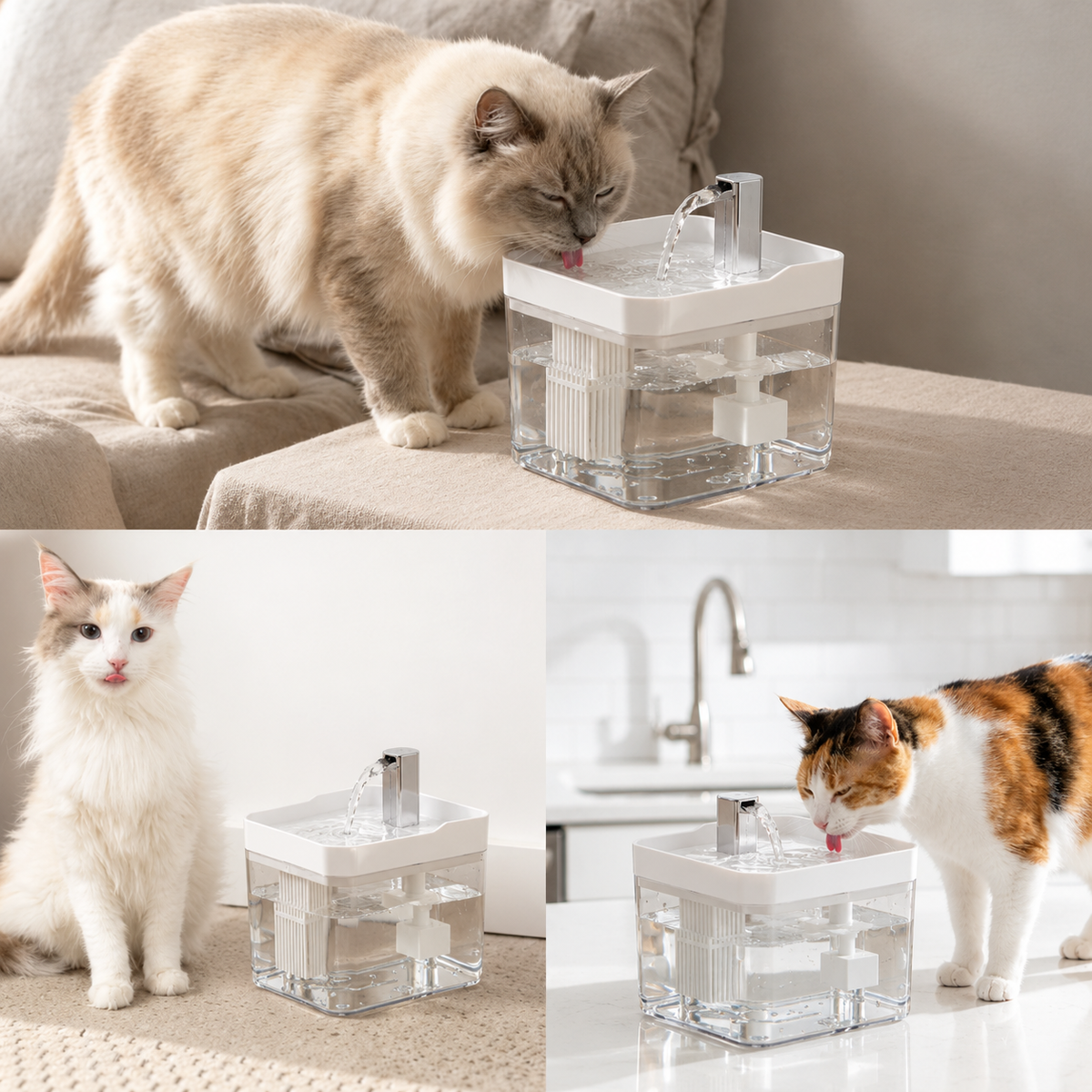 Gato junto a la fuente de agua CatOasis